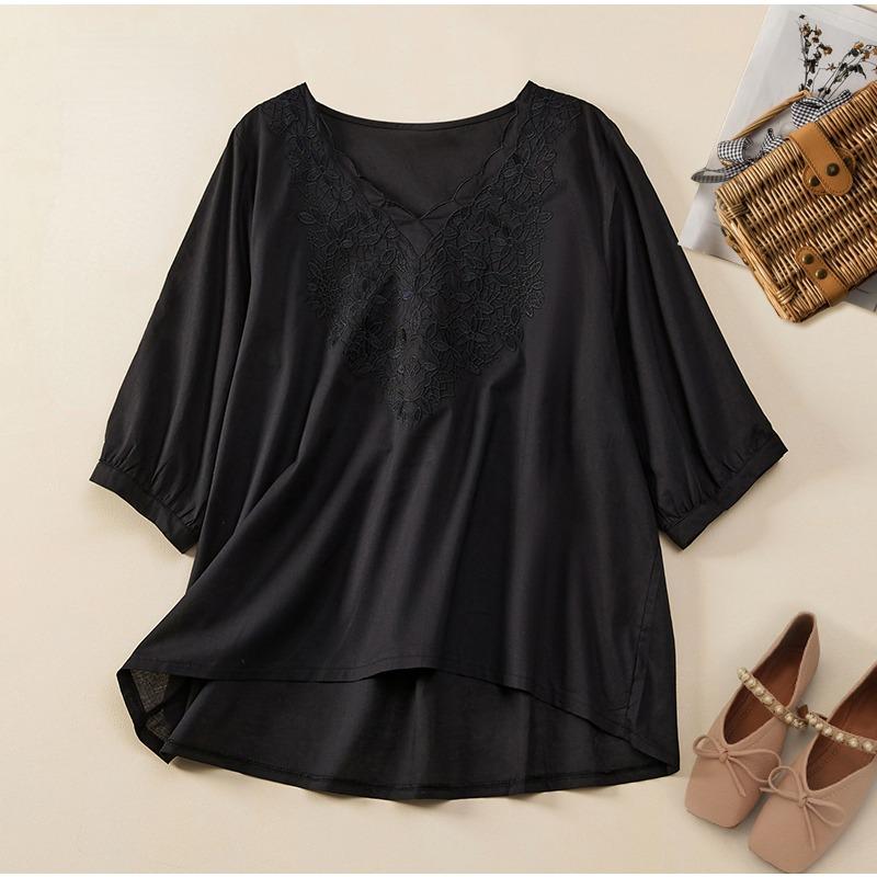 

DIMANAF 2024 плюс размер, новая летняя женская блузка, рубашка с цветочной вышивкой, элегантные женские винтажные свободные повседневные тонкие топы оверсайз XL чёрный