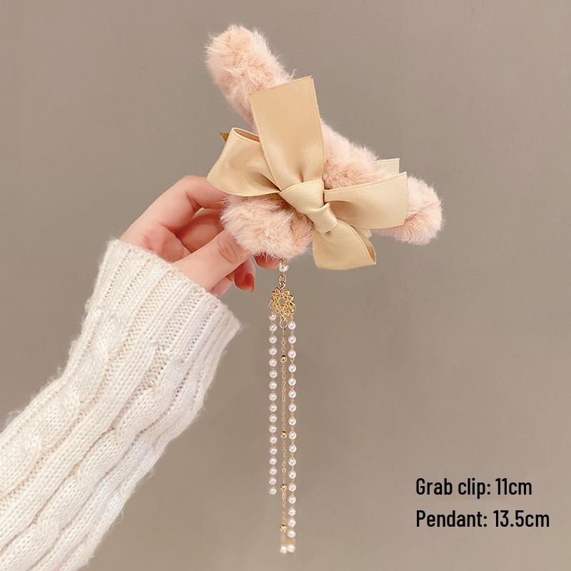 Korean Style Plush Bow Hair Clip with Tassel - Autumn/Winter Women's Hair Accessory