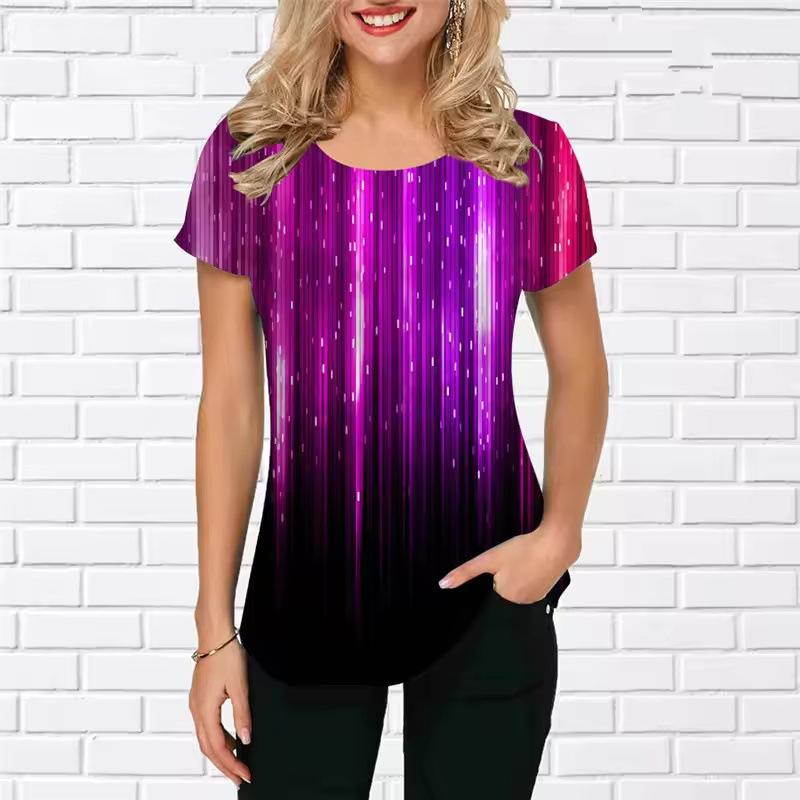 Summer Round Neck 3D Gradual Glitter Print Top Fashionable Casual Short Sleeved Women's T-shirts