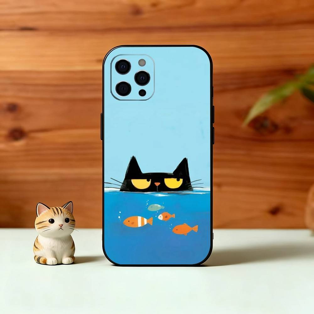 Cute Black Cat Illustration Phone Case For iPhone 17, 16,15,14,13,12,11 Plus,Pro Max, Others Soft Black Cover