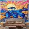 Retro Pop Art Blue Farm Tractor Under Radiant Sunset Tapestry Wall Hanging Colorful Country Decor for Kitchen Gift