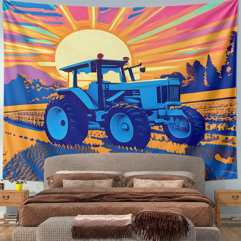 Retro Pop Art Blue Farm Tractor Under Radiant Sunset Tapestry Wall Hanging Colorful Country Decor for Kitchen Gift