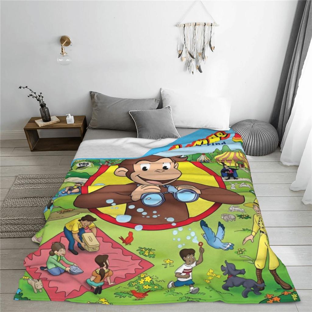 Curious George Monkey Cartoon Blankets Flannel All Season TV Series Breathable Ultra-Soft Throw Blankets for Sofa Office Quilt
