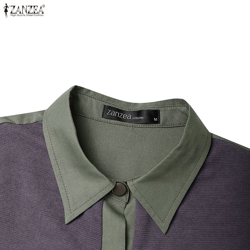 ZANZEA Women Casual Turn Down Collar Long Sleeve Loose Patchwork Dress