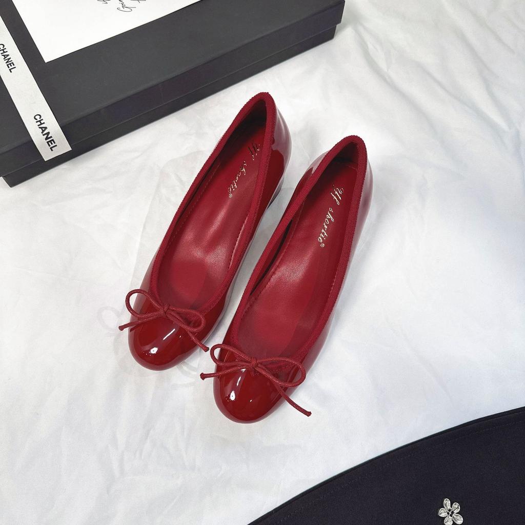 Sheepskin version~ 6 cm height increase bow thick heel shallow mouth single shoes women's autumn new French patent leather round head ballet shoes