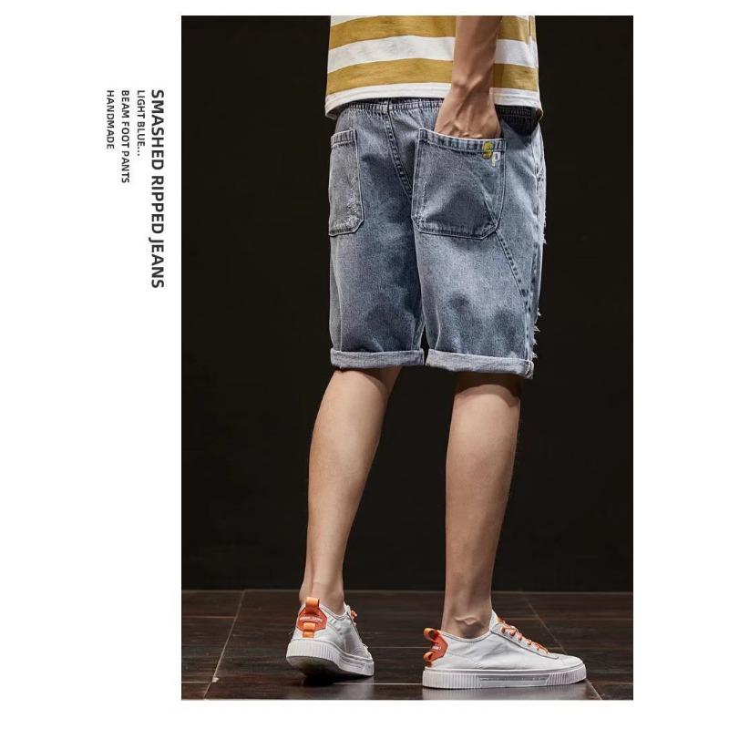Summer Men Casual Denim Shorts Loose Fit Rolled Hem Jeans