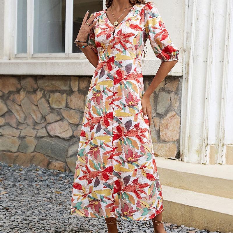 Button A-line dress V-neck floral print dress