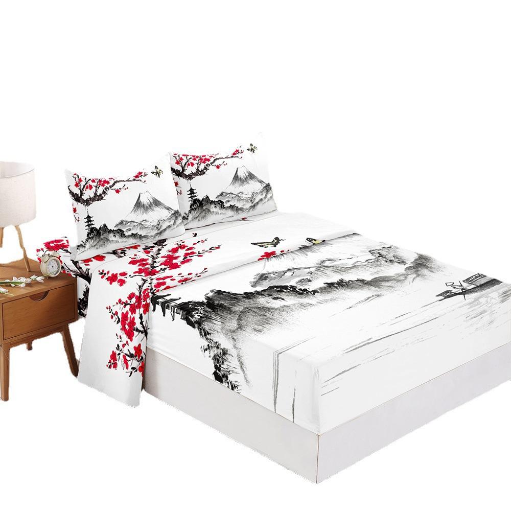 Four-Piece Mattress Sheet Digital Printing Mountain Ink Mattress Protective Cover Bedding