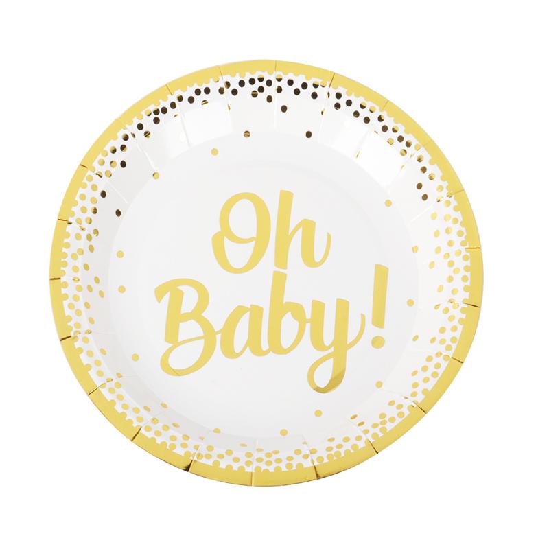 Gold Oh Baby Disposable Tableware Set Paper Plates Cups Napkins Birthday Party Decor Baby Shower Event Party Supplies