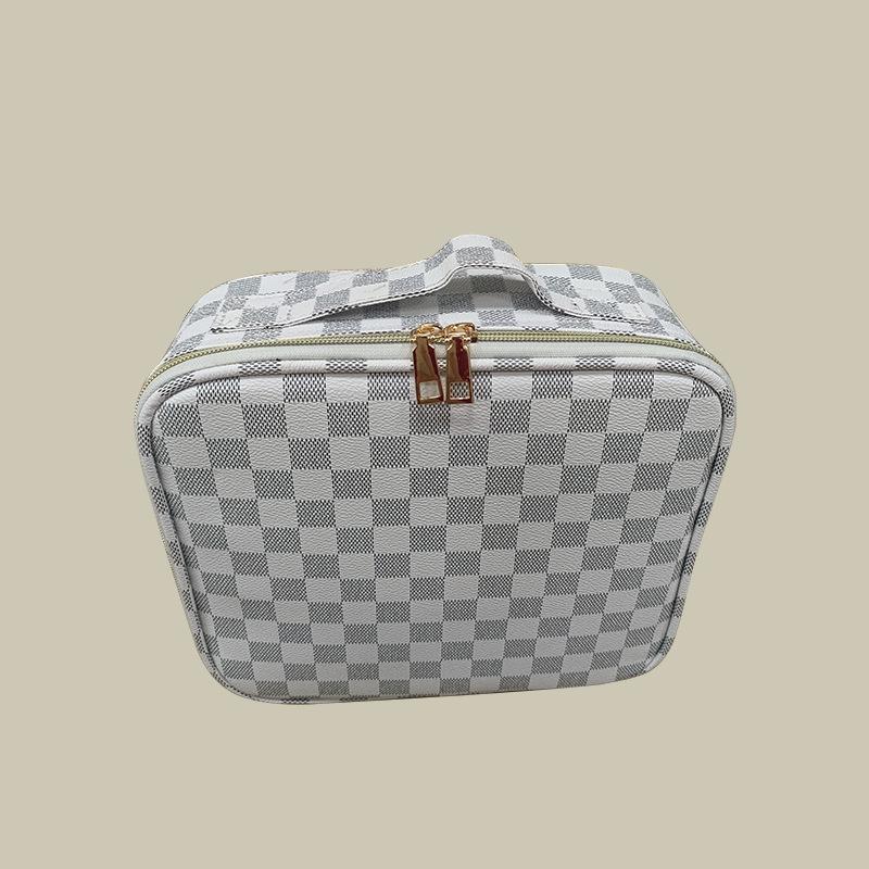 Plaid Monogram Large Capacity Makeup Bag - Convenient Handheld Storage