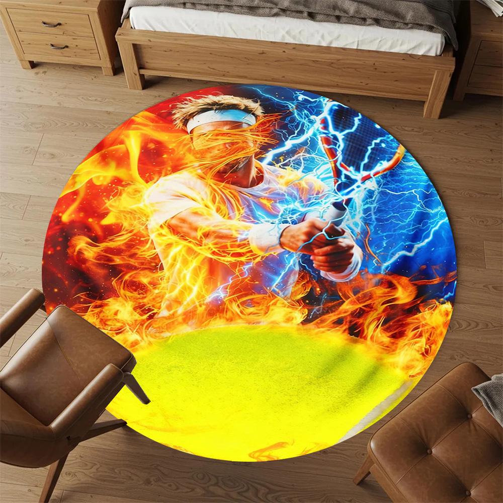 1PC Fire Tennis Round Chair mat Area Rug - Non-Slip, Floor Mat for Office, Bedroom, and Indoor Decor -Gift D1127238