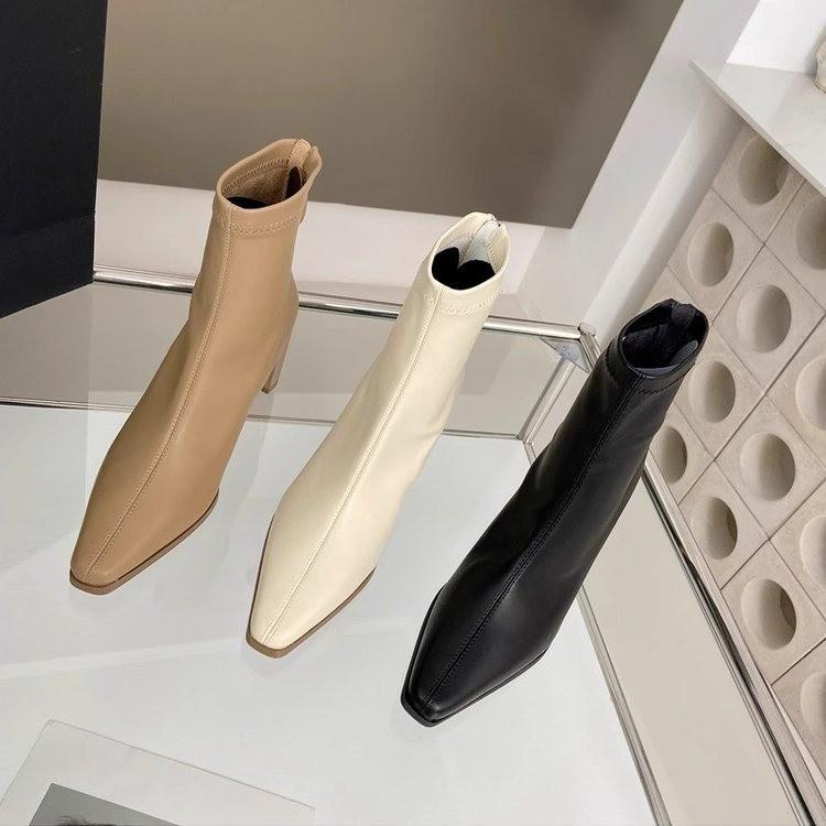 

High heel small square head thin boots 2024 autumn French new thick heel elastic boots simple temperament small short boots single boots 35 чёрный