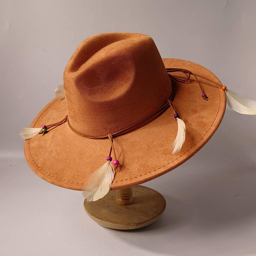 2026Bohemian style suede hat, brim 9.5 cm fedora with feather accessories, classic church hat, wide brim hat, women's hat