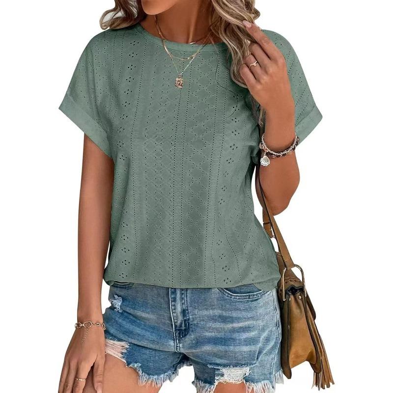 Spring and Summer Round Neck Hollow Out Women Blouse New Loose Short Sleeved T-shirt Solid Color Casual Simple Top Sweet Shirts Ladies Clothing