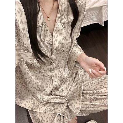 Ice Silk Pajamas Women's Spring and Autumn New French High-end Fashion Leopard Print Long-sleeved Trousers Loungewear Suit