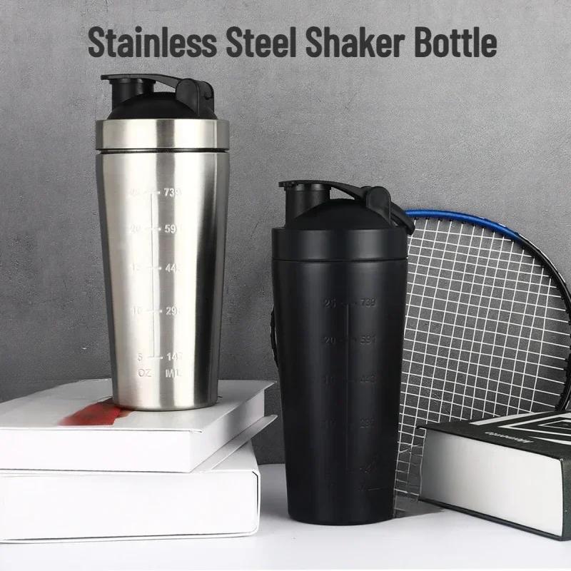 Protein Powder Shaker Bottle 500/750ml Leak Proof Water Bottle for Gym Fitness Sport Whey Shakes Cup with Scale Stainless Steel