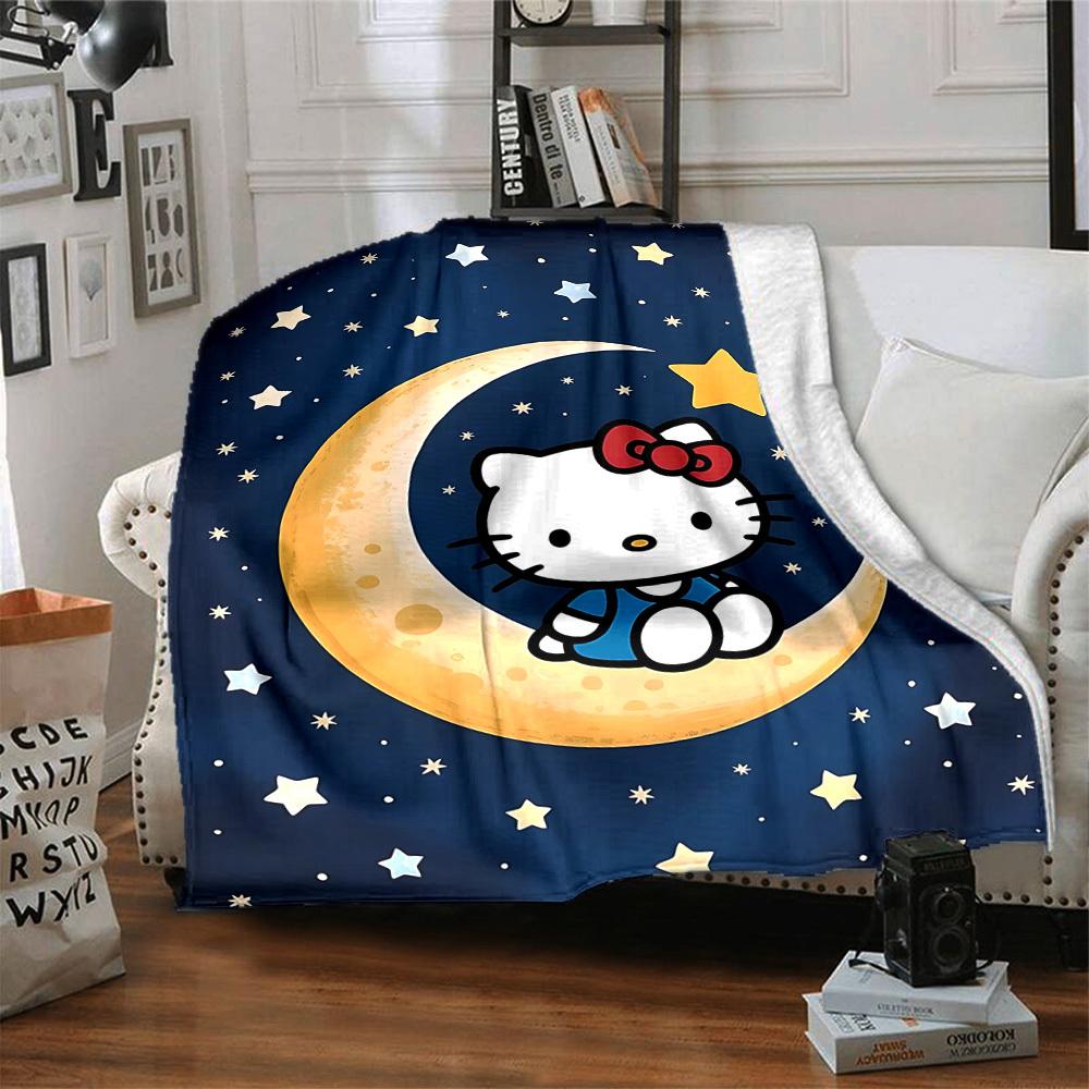 1 Stück Mond Sterne Hello Kitty Gemütliche Druckdecke Leichte Warme Flanelldecke für Sofa, Bett, Wohnzimmer