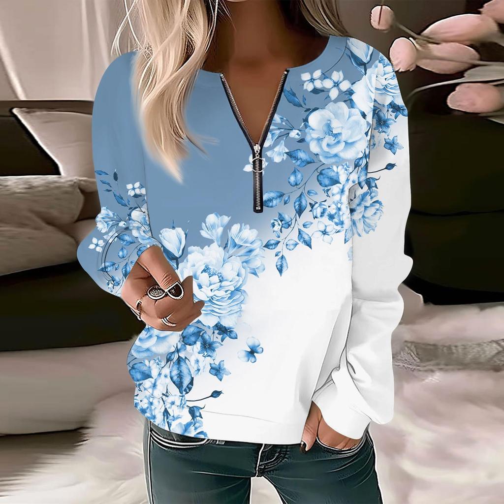 Dámská mikina Pulovr Basic Quarter Zip Dlouhý rukáv Potisk Květiny Mikina Neformální Top