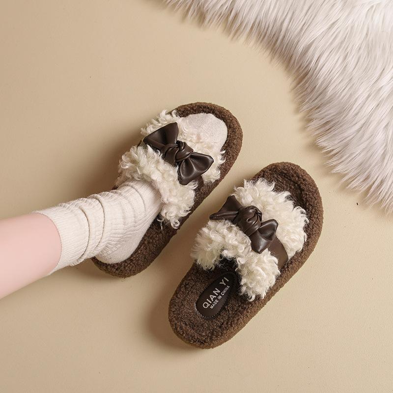 Korean Version Thick-bottomed Bag Head Bow Fluffy Slippers Women's Outer Wear 2025 New Autumn and Winter Velvet Warm Cotton Slippers