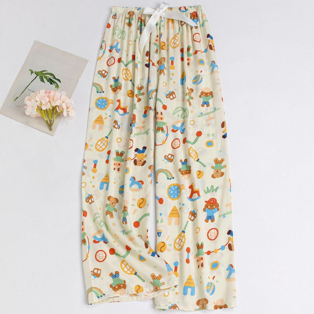 Women's Floral Cotton Silk Pajama Pants, Mosquito Repellent, Outdoor & Home Wear, Plus Size, Lightweight Summer Style.