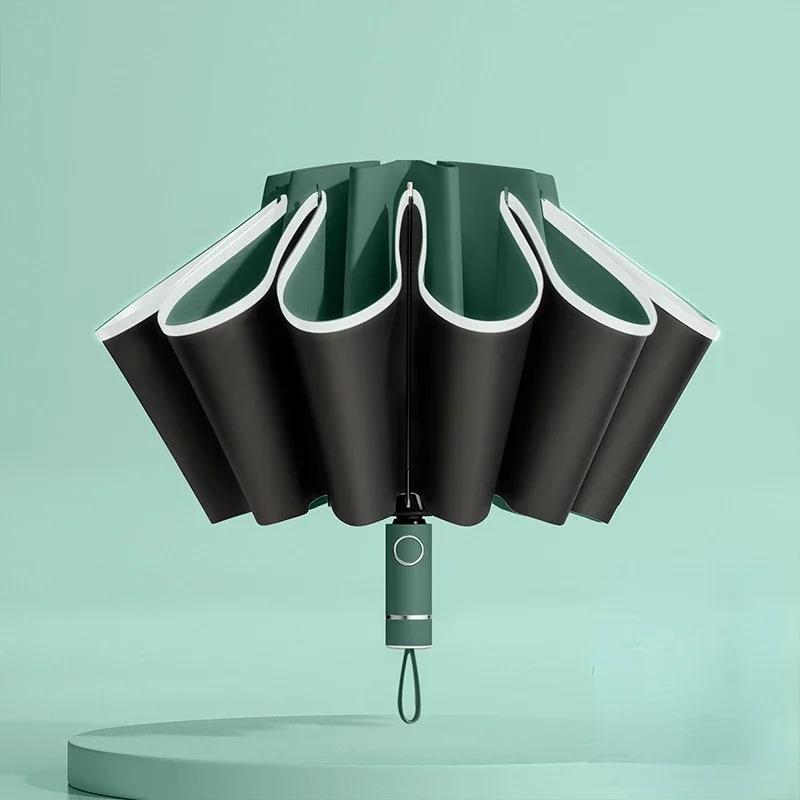 Parapluie pliable entièrement automatique pour homme et femme avec bande réfléchissante coupe-vent et UV