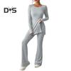 Women Two Pieces Suit Winter Autumn Knitted Long Sleeve Ribbed Slit Top High Waist Flared Trousers Set Fashion Outfit