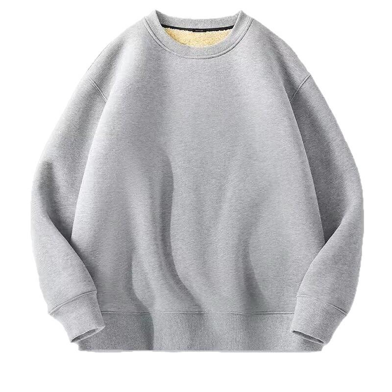Men's Winter Lambswool Round Neck Hoodie, Thick Warm Solid Color Pullover with Plus Velvet Base Layer.
