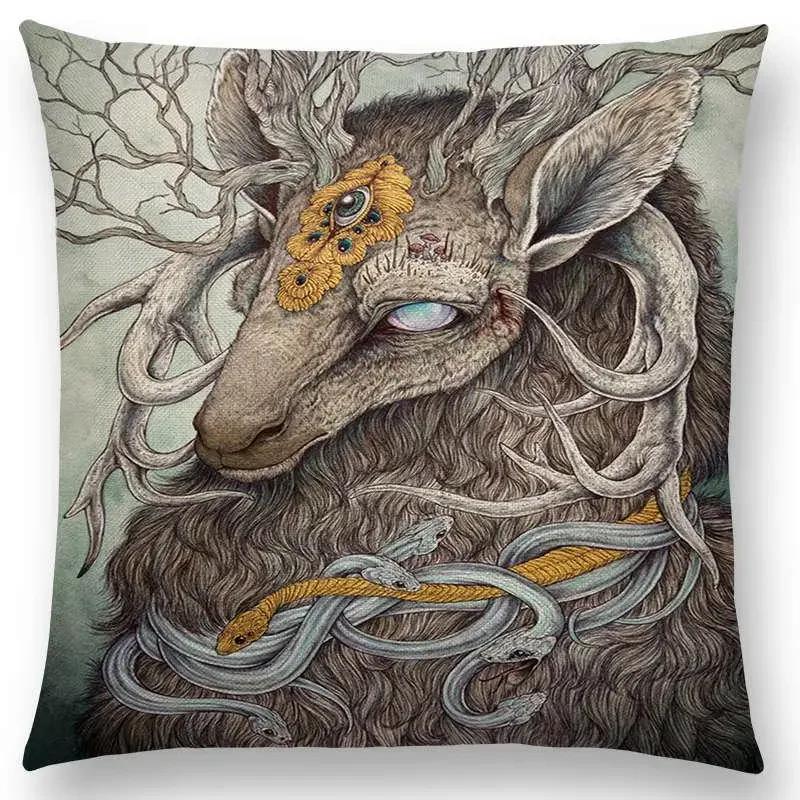 Dark Creatures Mysterious Mythical Beasts Sofa Pillow Case Cat Deer Bird Fox Tiger Snake Cushion Cover