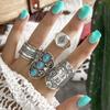 4PCS Vintage Silver Color Carved Turquoise Gothic Ring Set Punk Hip Hop Boho Ring Grunge Women Men Jewelry Accessories