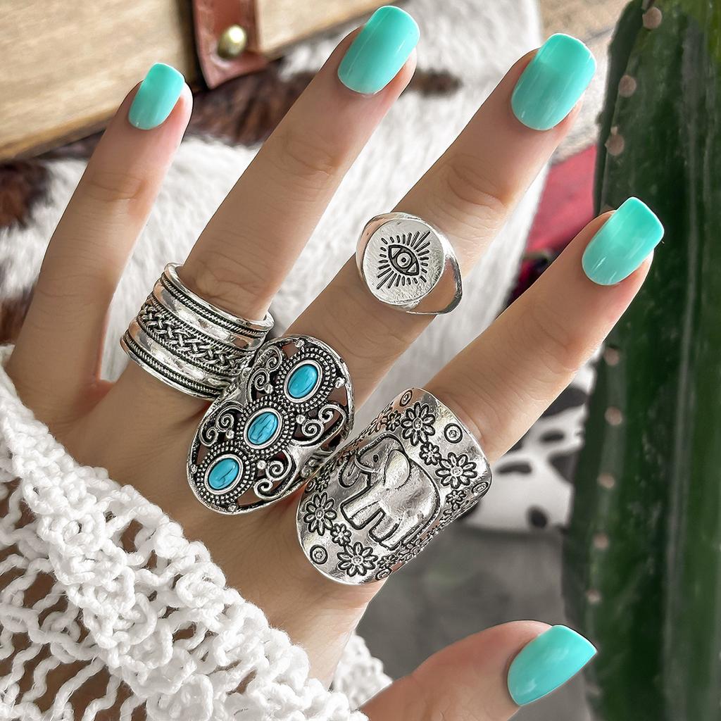 4PCS Vintage Silver Color Carved Turquoise Gothic Ring Set Punk Hip Hop Boho Ring Grunge Women Men Jewelry Accessories