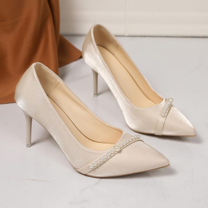 Elegant White Super High Heels Wedding Sandals Women Summer Pearl Chain Decoration Pumps Women Classic Pointed Toe Dress Shoes
