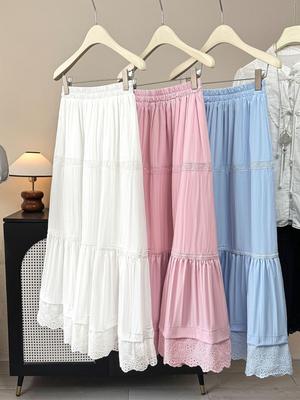 Super Fairy Lace-Trimmed A-line Midi Skirt: Women's 2026 Elastic Waist Long Layered Cake Skirt