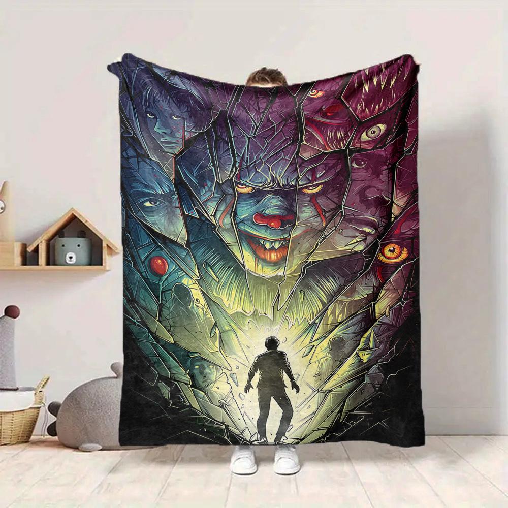 1pc It "Clown" Flannel Throw Blanket - HD Printed Lightweight Soft Warm All-Season Blanket for Sofa, Bed, Travel, Camping001