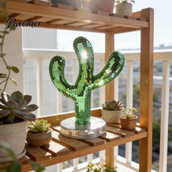Decorative Object for Entryway Table Disco Ball Cactus Statue, Green Mirror Mosaic Decor, Retro Decor Ornament Home Christmas Party Display