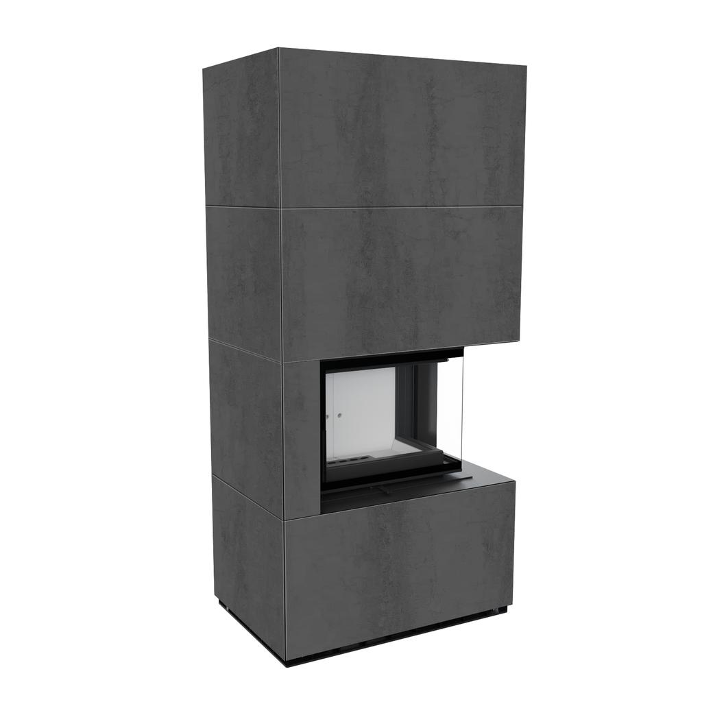 Modular fireplace KRATKI FLOKI BOX right 8 kW Ø 160 quartz sinter NATURALI PIETRA DI SAVOIA ANTRANCITE BOCCIARDATA