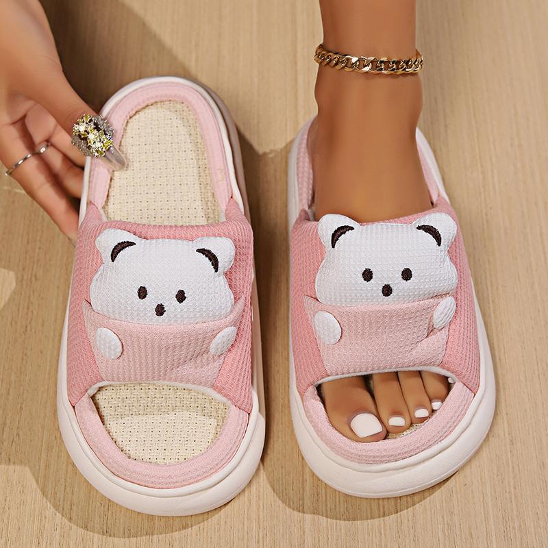 Fashion Cute Cartoon Bear Linen Slippers Women Breathable Sole Four Season Indoor Slippers Comzy Plus Size 45 Unisex House Slides Shoes