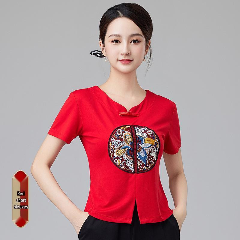 2024 Women's Chinese Style Dancewear: Short Sleeve Fitness Casual Top