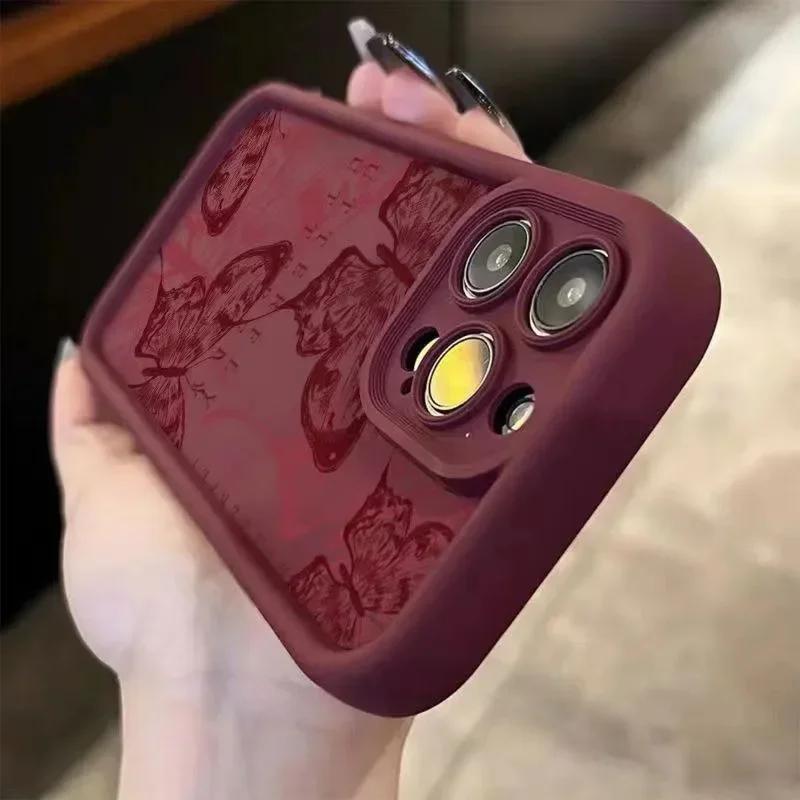 Butterfly Maroon Soft Silicone Grooved Cover For iPhone 15 14 13 12 11 16 Pro Max XS X 7 8 Plus Anti-Fall Protective Phone Case