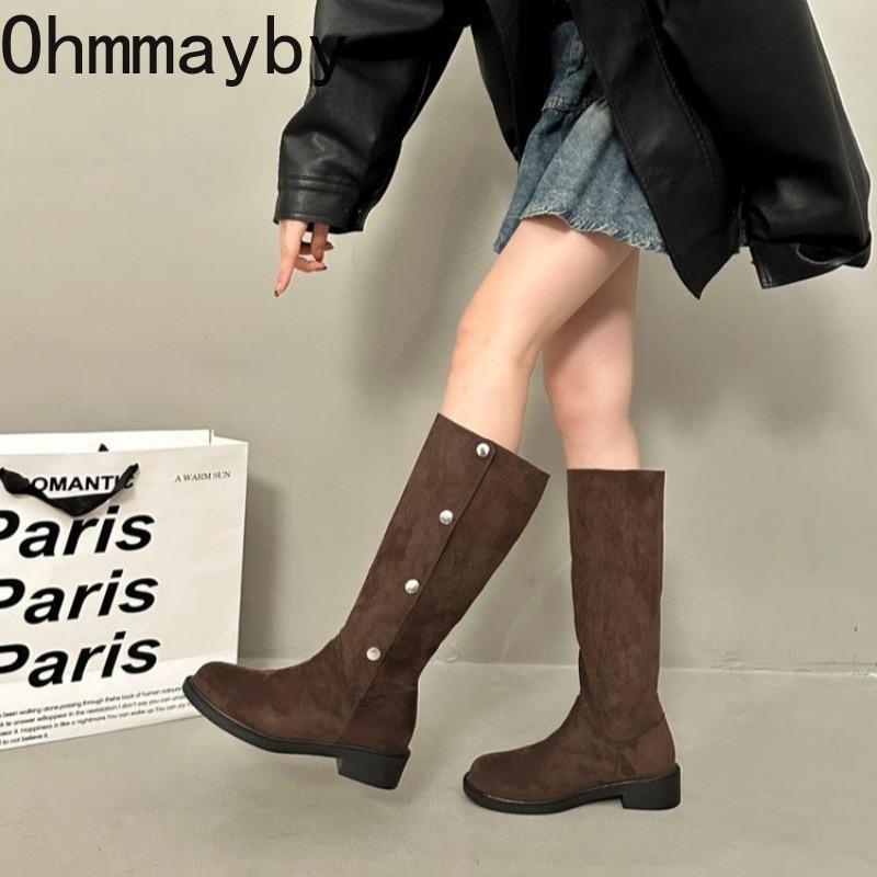 

Зимний уличный стиль женские ботинки до колена с круглым носком лаконичные туфли на низком каблуке женские винтажные длинные ботильоны De Muje 35