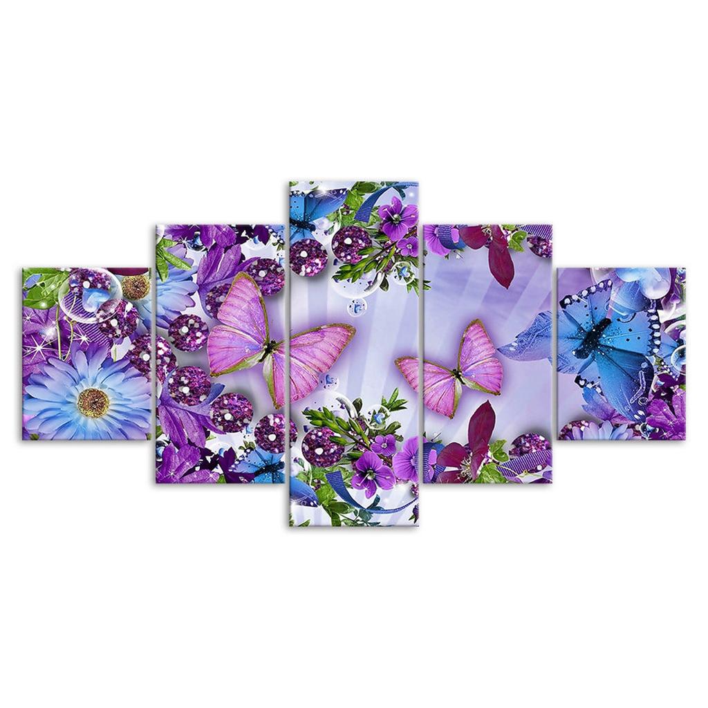 Purple Flowers Butterflies Glowing Scenery 5 Piece Five Panel Wall Canvas Print Modern Art Poster Picture Home Decor Gift For Him For Her