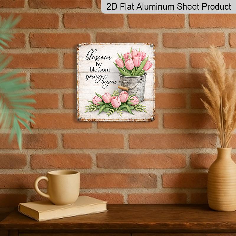 2D Flat, 1pc, Spring Decor, Elegant Tulip Sign, Vintage Aluminium Sign, Home Wall Art, Inspirational Floral Decor for Garden, Courtyard, Living Room