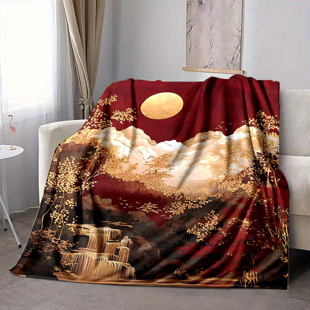 1pc Chinese Style Landscape Blanket, Lightweight Flannel Throw Blanket for Sofa, Bed, Travel, Camping, Living Room, Office, Couch040