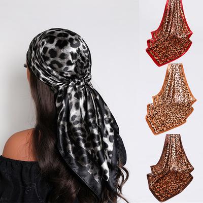 90cm Leopard Print Neckerchief Hijab Scarf For Women Silk Satin Headband Hair Scarves Female Square Shawls Ladies Head Bandana