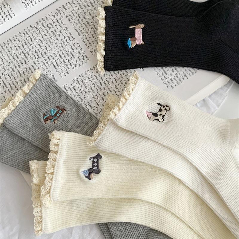 Cartoon Puppy Embroidered Lace Socks for Women's Autumn and Winter Pure Cotton Mid-calf Socks, Trendy Pile Socks