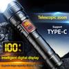 New Strong Light Digital Display Flashlight with Telescopic Focus, Rechargeable, Portable, Long Range Outdoor Work Light, LED Fl