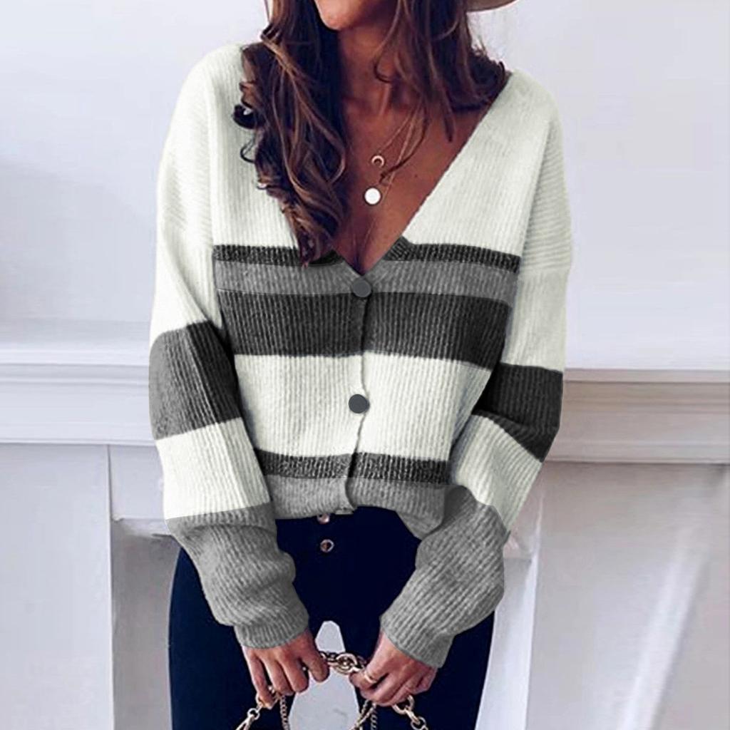 Winter Women's Knitted V-neck Stitching Button Striped Sweater Top