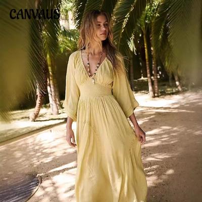 Women's New V-neck Mid-length Sleeve Holiday Beach Dress Slim Fashion Versatile Casual Solid Colour Dresses