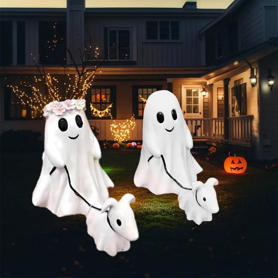 Halloween Ghost Walking Dog Statue Spooky Garland Ghost Walking Puppy Figurine Resin Sculpture Indoor Outdoor Desktop Decoration Ornament