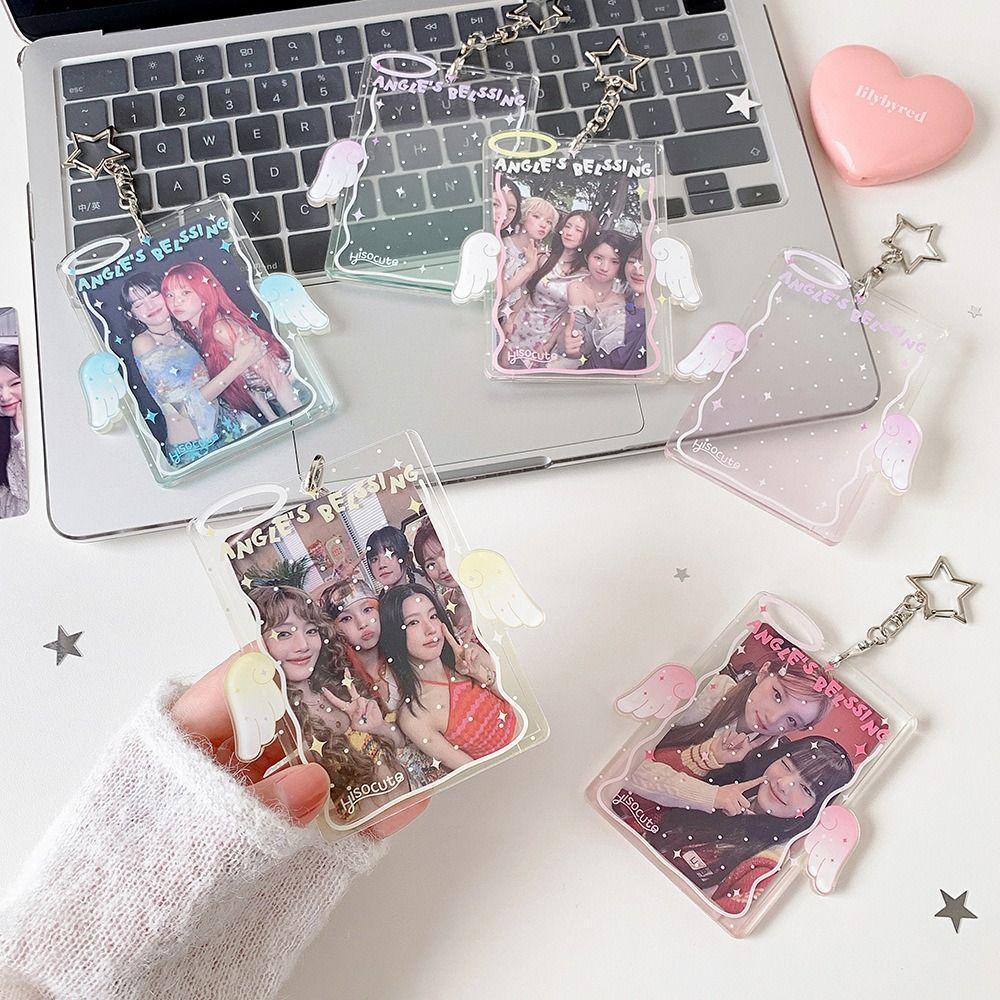 Cute Acrylic Kpop Card Holder Keychain Angel Wing Album Binder Photo Frame Protective 3 Inch Idols Photocard Holder Bag Pendant