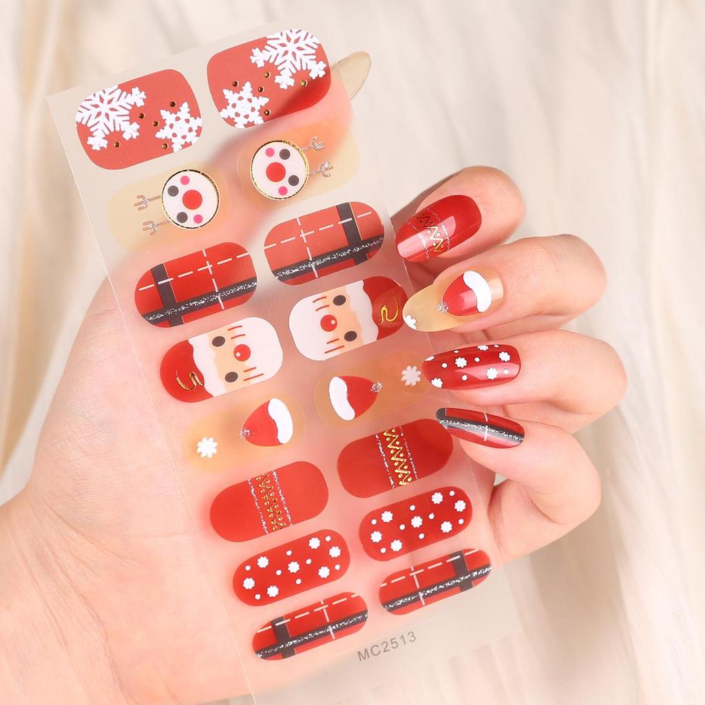 16-Piece European/American Christmas Gel Nail Stickers – No-Bake, French Manicure Style